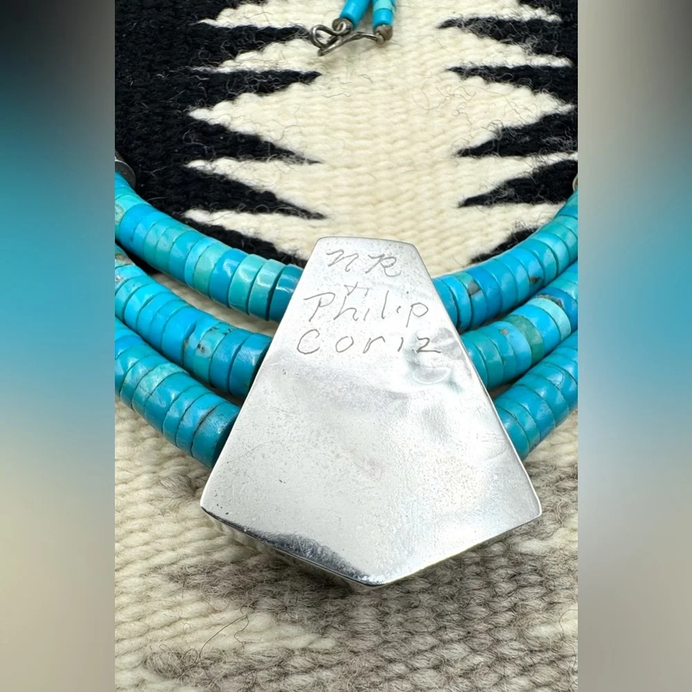 Santo Domingo Native American Sterling Silver Turquoise Cross Pendant Necklace - Picture 7 of 7